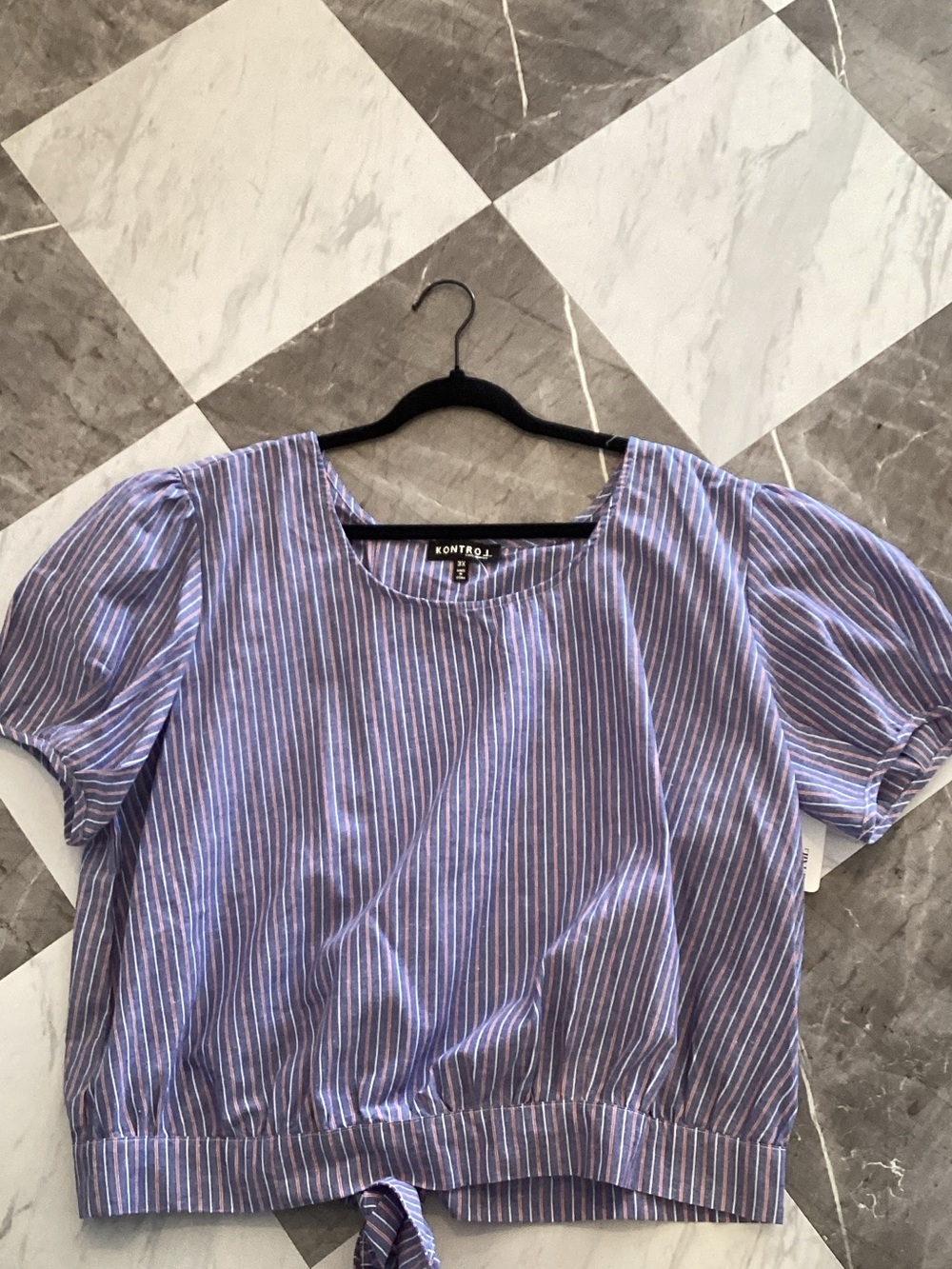 Blue Stripe Puff-Sleeve Crop Blouse